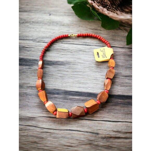 Miss B Red & Brown WOODEN Beaded Necklace - Picture 1 of 7